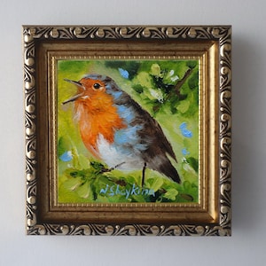 Robin Bird Miniature Oil Painting, 4x4 Framed Original Tiny Art, Singing Bird Wall Decor, Small Nature Gift, Gold Frame, Ukrainian Handmade
