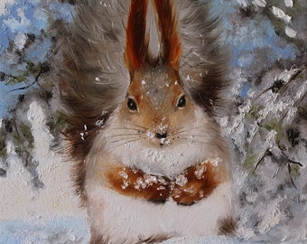 Winter Squirrel Original Oil Painting, Wildlife Hand Painted Canvas, Xmas Gift