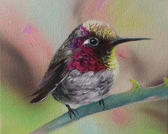 Original Oil Painting Hummingbird Canvas Art, Realistic Bird Small Artwork