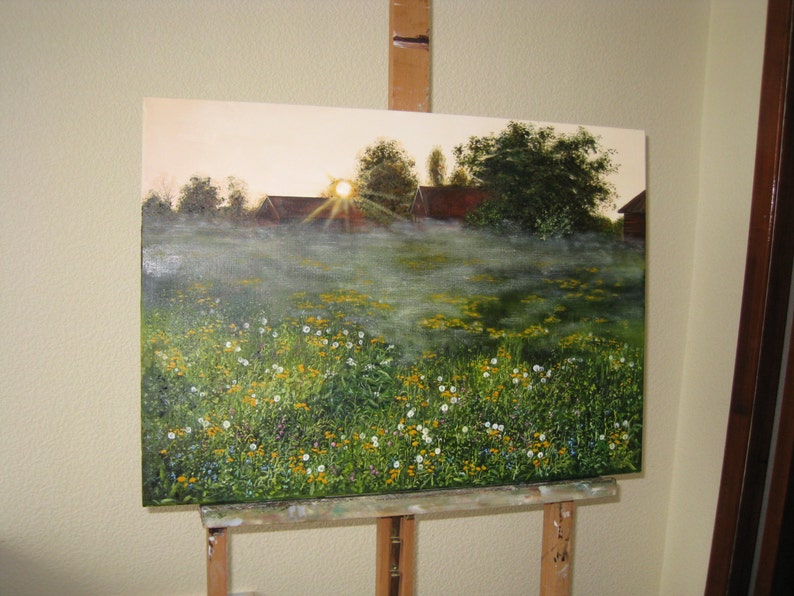 Misty Landscape Original Painting Contemporary Meadow Etsy