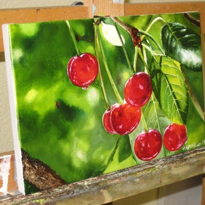 Cherry Tree Painting, Cherry Colors, Fruit Fine Art, Red Cherries, Garden Original Art Paintings Nature Wall Art, Realistic Artwork, Green image 3