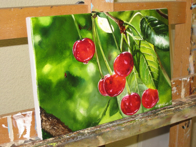 Cherry Tree Painting, Cherry Colors, Fruit Fine Art, Red Cherries, Garden Original Art Paintings Nature Wall Art, Realistic Artwork, Green image 3