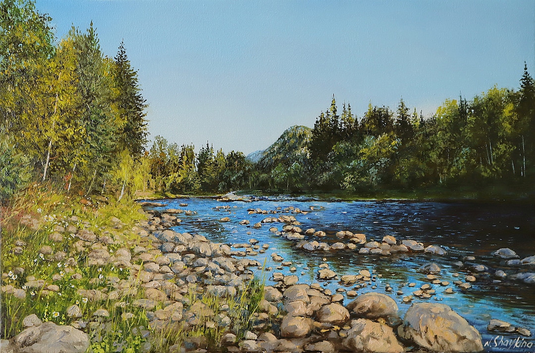 Original Mountain River Oil Painting on Canvas, Forest Landscape Wall ...