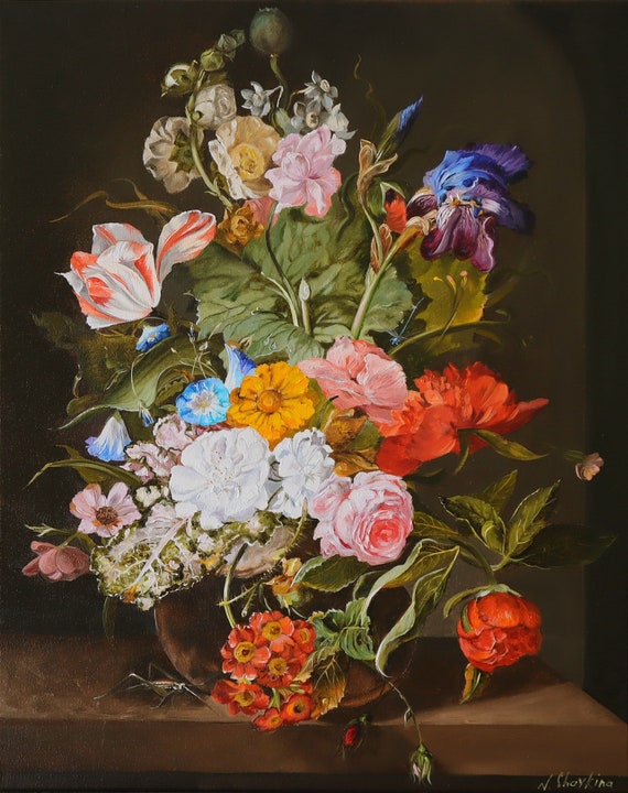 Moody Dutch Still Life Oil Painting: Dark Floral Art With Roses