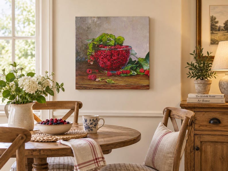 May include: A square canvas wall art print depicting a glass bowl filled with bright red raspberries and green leaves resting on a dark wooden surface. The painting features a neutral gray background and highlights the vibrant texture of the fruit.