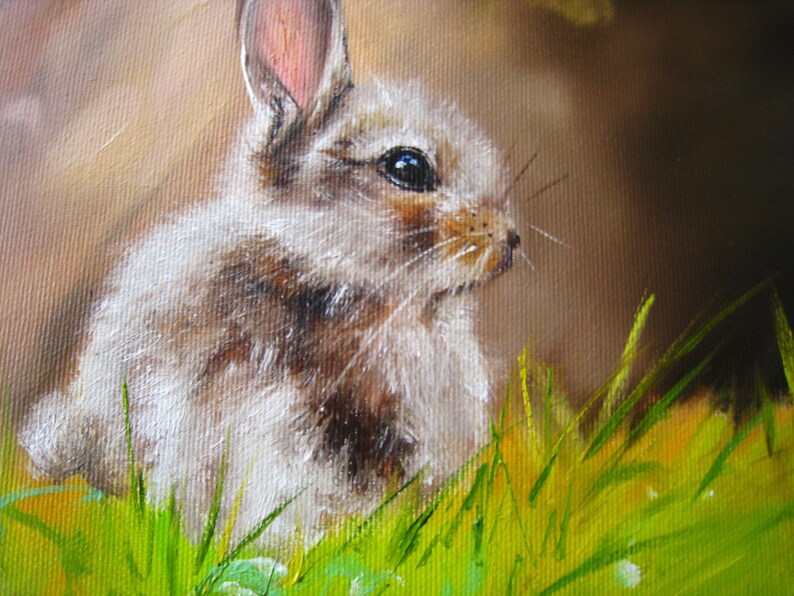 Original Oil Painting Rabbit in Grass, Impressionist Animal Artwork, Nursery Wall Decor imagem 5