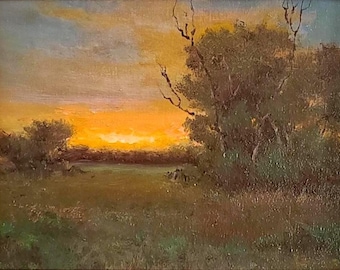 Framed Sunrise Oil Painting: Warm Glowing Landscape Art, 9x12 Tonalism.