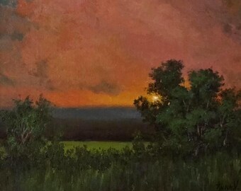 Evening Blush, Sunset Landscape Original Oil Painting 11x14 Canvas Panel in Gold Frame.