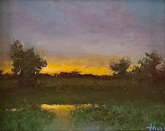 Original Oil Painting: Sunrise Farm Landscape in Gold Frame, 8x10 Canvas Board
