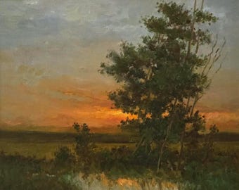 Summer Golden Hour, Original Sunset Landscape Oil Painting 14x18 inches Canvas Panel with Frame