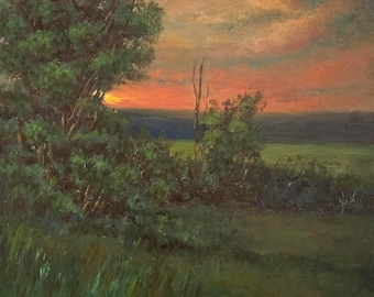 Warm Evening Glow, Original Oil Painting Landscape 12x12 Canvas Panel in Gold Frame.