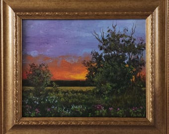 Backyard Sunset Original Oil Painting Canvas Panel in Gold Frame