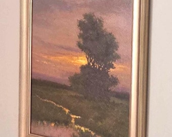 Original Creek Side Sunset Oil Painting, 14x18 Canvas board gold framed to size 16x20
