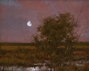 Silver Glow Original Moonlit Creek Oil Painting 9x12 Canvas Panel in Gold Frame
