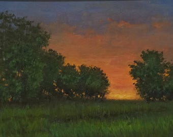 Backyard Sunset, Original Oil Painting on 11x14 Canvas Panel in Gold Frame