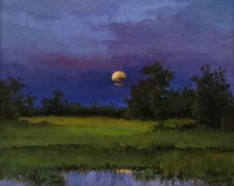 Harvest Moon Rise, Original Oil Painting 11x14 canvas panel in Gold Frame