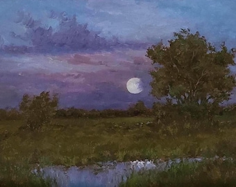Whispering Moonlight on 11x14 Canvas Board Oil Painting, Landscape Painting with Moon, Framed Artwork