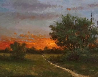 Blazing Sunset. Original Oil Painting 12x16 Canvas in Gold Frame.