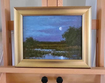 Soft Moonlight Landscape Original Oil Painting 9x12 inches Canvas Panel in Gold Frame