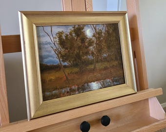 Moonlight In The Woods Original Oil Painting 9x12 Canvas Board Framed Painting