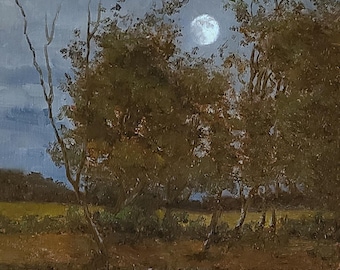 Original Oil Painting: Moonlight in the Woods - Gold Frame, Handmade Landscape