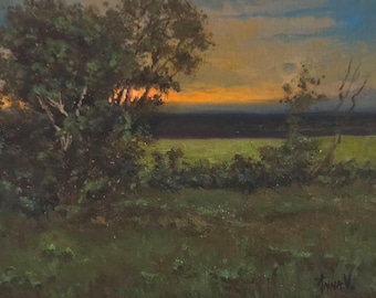 A Summer Evening, Original Oil painting, 9x12 Canvas Board in Gold Frame, Sunset Landscape
