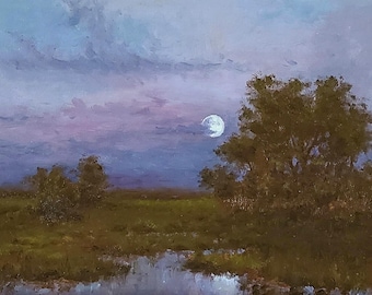 Moonlight Stories, Original Oil Painting, 11x14 inches Canvas Panel in Gold Frame.