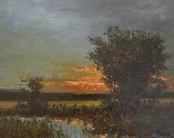 Original Oil Painting Sunset Landscape 9x12 Canvas Board Gold Frame, Sunset In The Farm