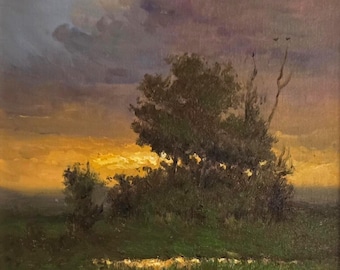 Evening Serenade, Original Oil Painting Landscape 12x12 Canvas Panel in Gold Frame