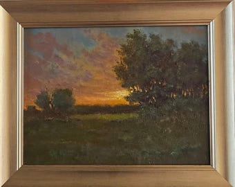 Sunset Memories Original Oil Landscape Painting Canvas Panel in Gold Frame
