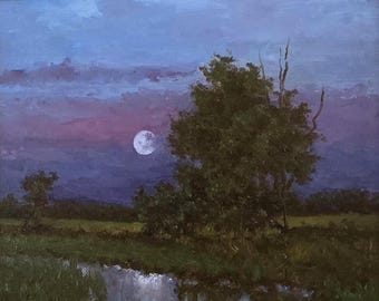 Moonlight Solitude, Original Oil Painting 11x14 inches in Gold Frame.