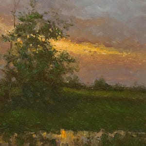 Framed Blazing Sunset Oil Painting: Original Landscape Art