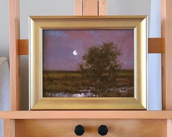 Moonlit Creek Landscape Original Oil Painting Canvas Wall Art in Gold Frame.