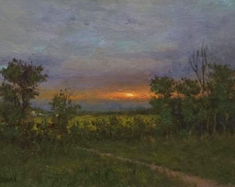 Quite Evening Original Oil Painting 12x16 Canvas Panel in Gold Frame.