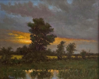 Light After The Storm, Original Oil Painting 14x18 Canvas Panel in Gold Frame