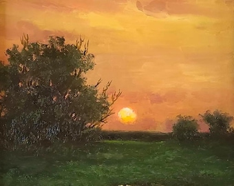 Where The Sun Rises, Original Landscape Painting 12x12 framed to 14x14 size in Gold Frame