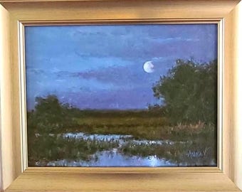 Original Oil Painting on Canvas, Silver Stream Moon Landscape, Gold Frame (9x12)