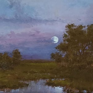 Original Oil Painting: Moonlight Landscape in Gold Frame