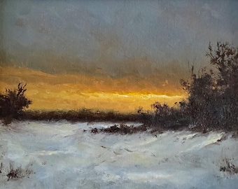 Winter Sunset Original Oil Painting 9x12 Canvas Board Framed to size 11x14