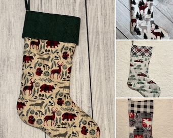 Buffalo Plaid, Deer, Woodland, Flannel Handmade Christmas Stocking, Personalization optional