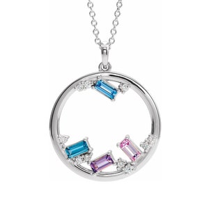 Baguette Stones Accented Family Circle Pendant Sterling Silver 1-6 Birthstones