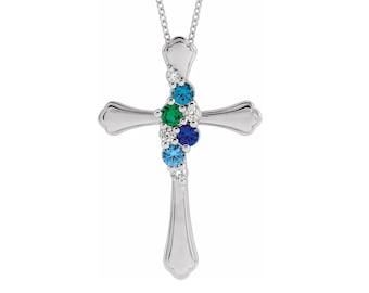 Cross Family Birthstone Pendant Mother&#39;s Jewelry Sterling Silver 1-6 Round Birthstones