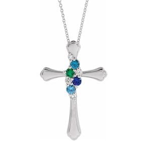 Cross Family Birthstone Pendant Mother&#39;s Jewelry Sterling Silver 1-6 Round Birthstones