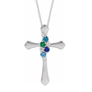 Cross Family Birthstone Pendant Mother's Jewelry Sterling Silver 1-6 Round Birthstones