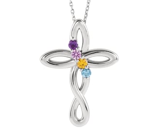 Cross Family Pendant Mother&#39;s Jewelry Sterling Silver 1-5 Round Birthstones