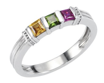 New Mother's Stackable Ring 1, 2 or 3 Princess-Cut Birthstones Sterling Silver Family Rings