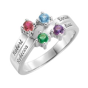 Name Engraved Family Ring Mother&#39;s Jewelry Sterling Silver 1-4 Round Birthstones