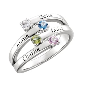 Name Engraved Family Ring Mother&#39;s Jewelry Sterling Silver 1-4 Round Birthstones