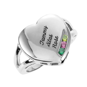 Heart Family Ring Name Engraved Mother&#39;s Jewelry Sterling Silver 1-4 Round Birthstones