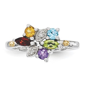 Marquise and Round Stones Mother&#39;s Birthstone Ring. Sterling Silver and 14k with Diamond accent